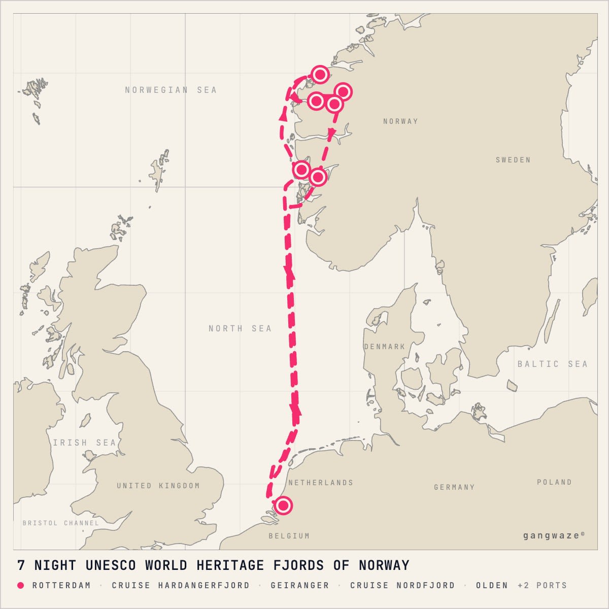 MS Rotterdam itinerary map for April 16, 2028 (7 nights)