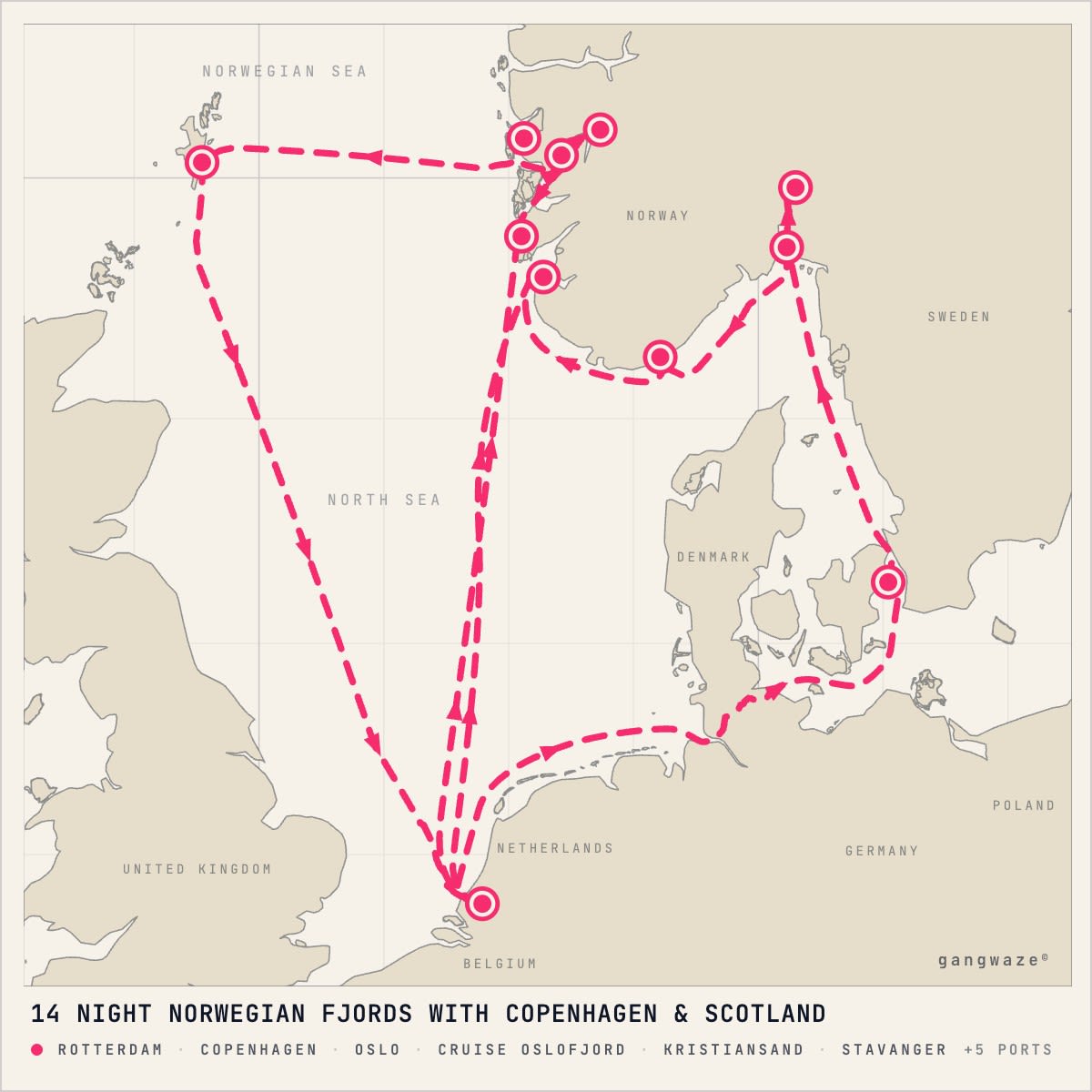 MS Rotterdam itinerary map for April 30, 2028 (14 nights)