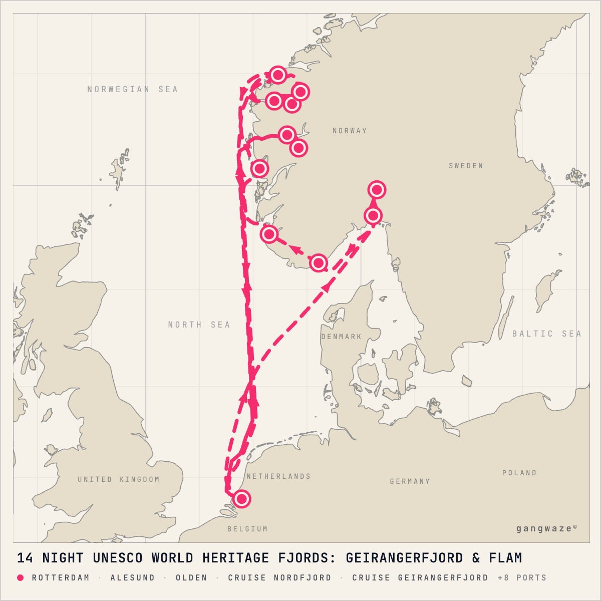 MS Rotterdam itinerary map for June 25, 2028 (14 nights)