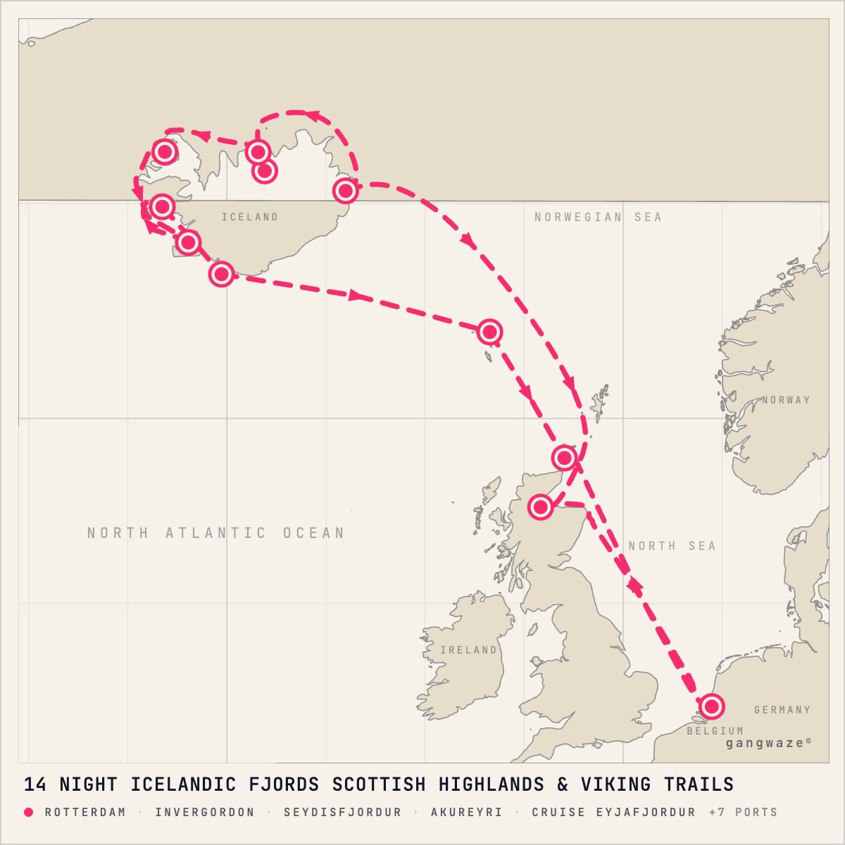 MS Rotterdam itinerary map for July 16, 2028 (14 nights)
