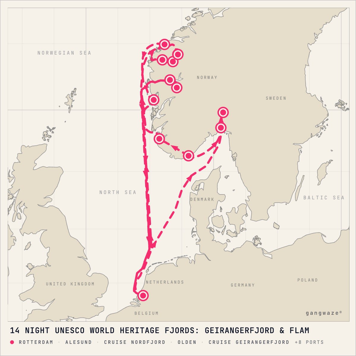 MS Rotterdam itinerary map for August 13, 2028 (14 nights)