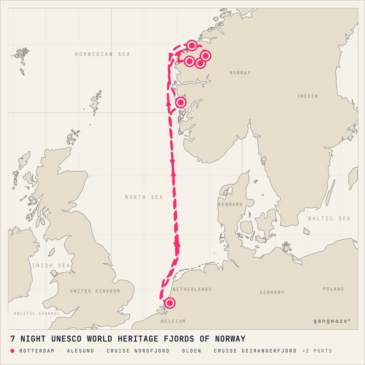 MS Rotterdam itinerary map for August 13, 2028 (7 nights)