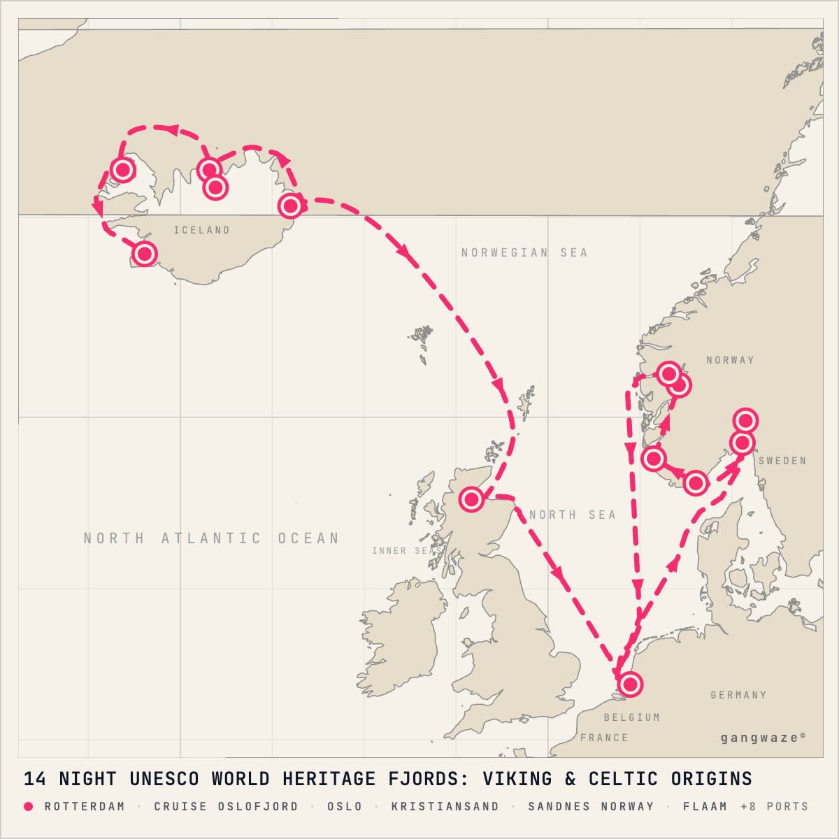 MS Rotterdam itinerary map for August 20, 2028 (14 nights)