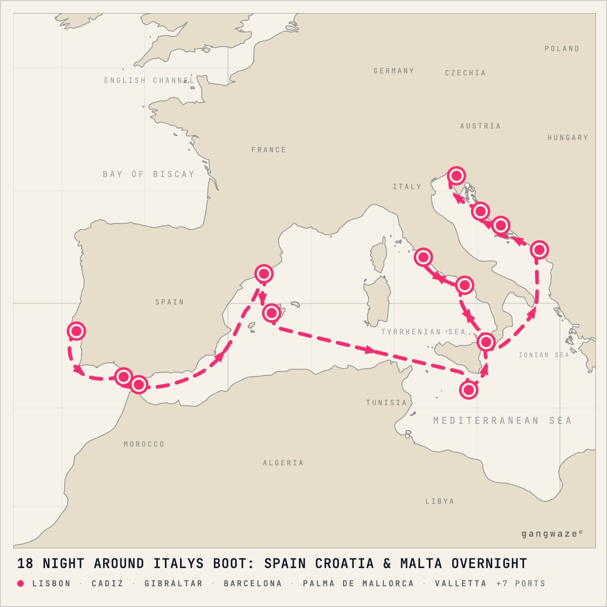 MS Rotterdam October 31, 2028 itinerary map: from Lisbon to Trieste, calling at Cadiz, Gibraltar, Barcelona, Palma De Mallorca, Valletta, Messina, Naples, Civitavecchia, Kotor, Split, Zadar