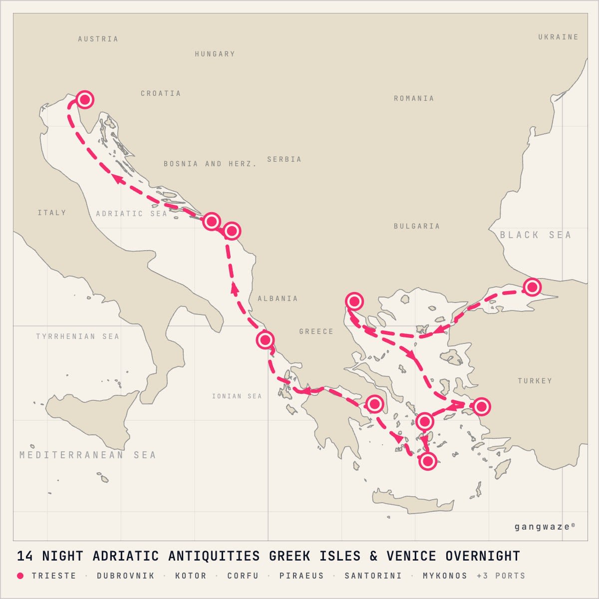 MS Rotterdam November 18, 2028 itinerary map: from Trieste to Istanbul, calling at Trieste, Dubrovnik, Kotor, Corfu, Piraeus, Santorini, Mykonos, Kusadasi, Thessaloniki