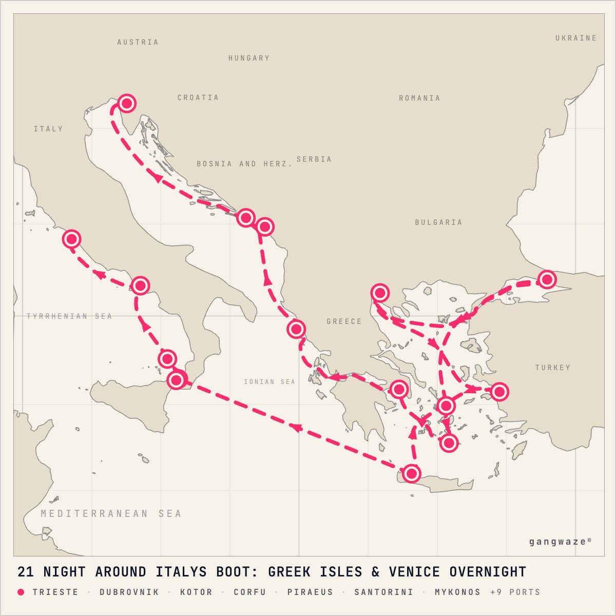 MS Rotterdam itinerary map for November 18, 2028 (21 nights)