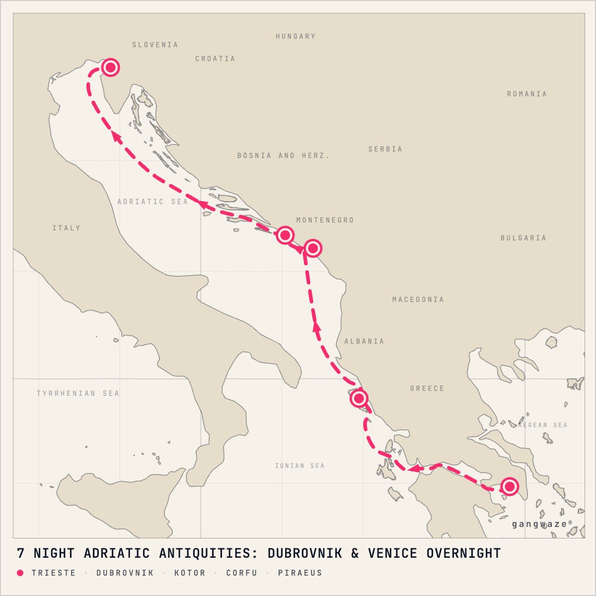 MS Rotterdam November 18, 2028 itinerary map: from Trieste to Piraeus, calling at Trieste, Dubrovnik, Kotor, Corfu
