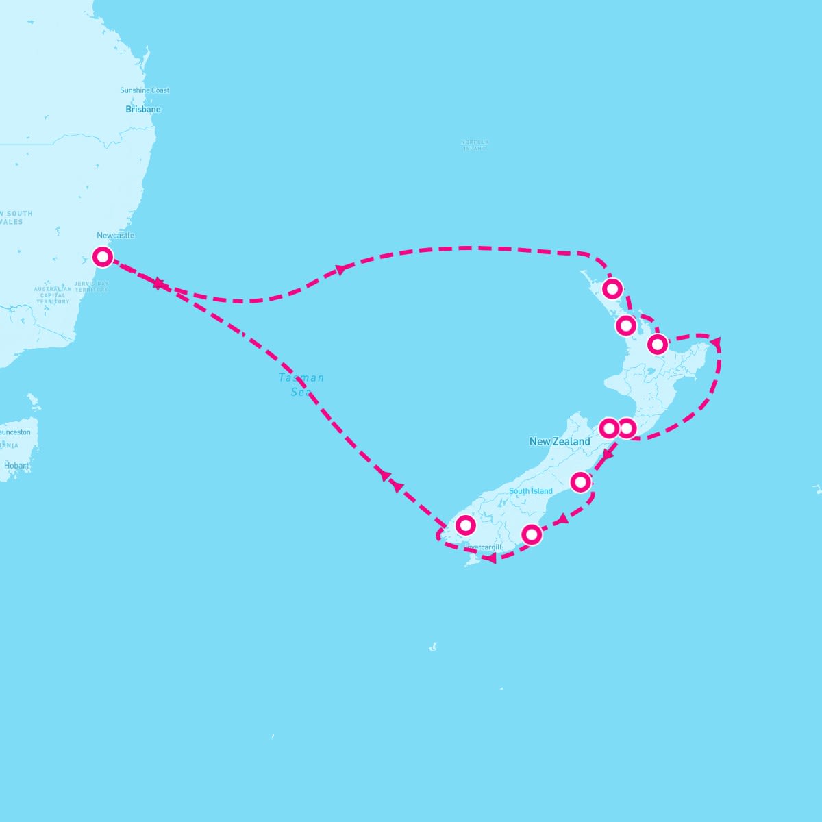 Royal Princess itinerary map for January 23, 2025 (14 nights)