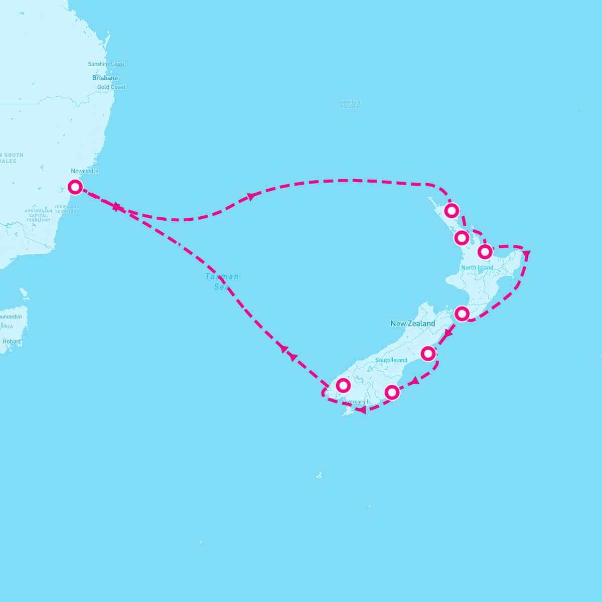 Royal Princess itinerary map for February 1, 2025 (14 nights)