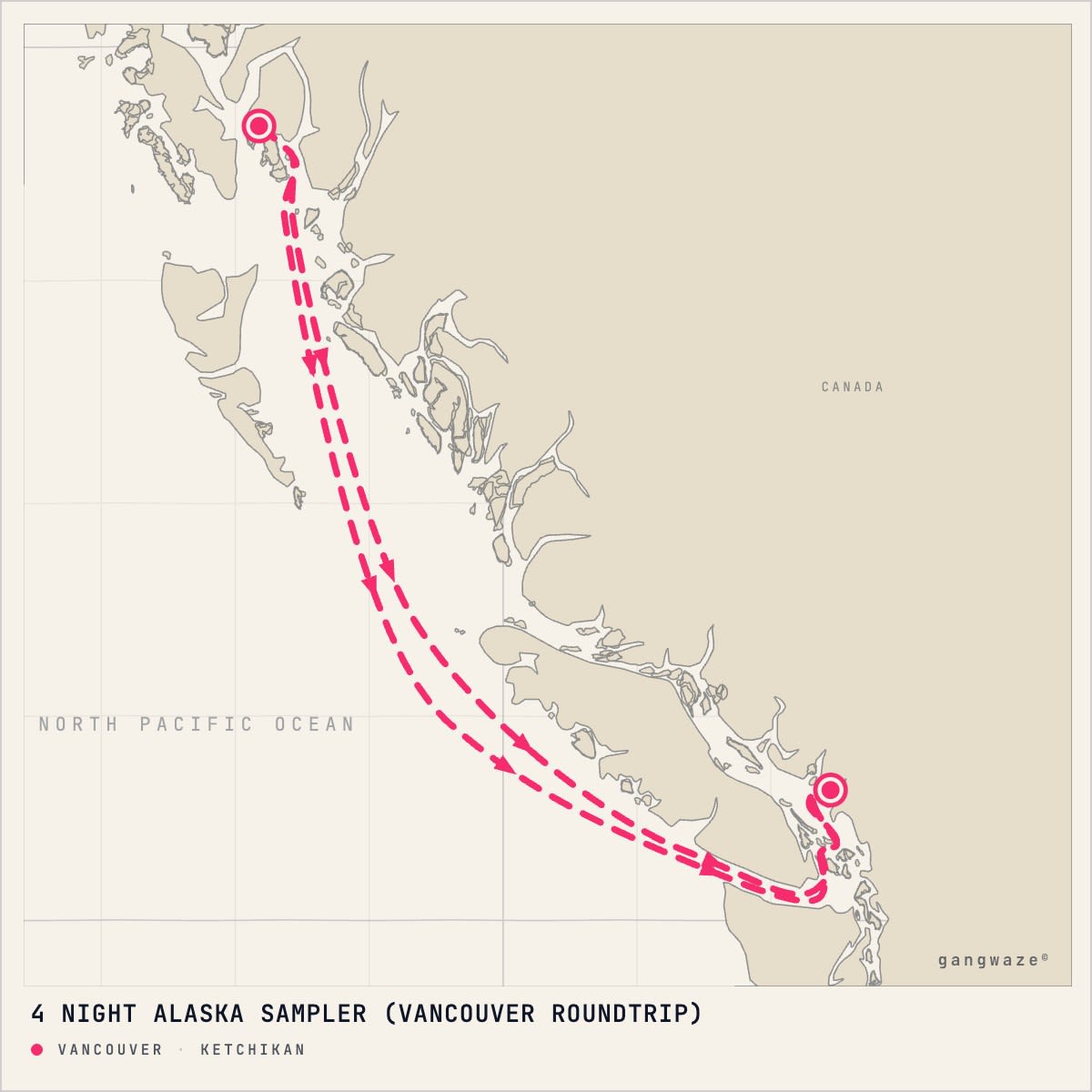 Royal Princess April 25, 2028 itinerary map: round trip from Vancouver, calling at Ketchikan
