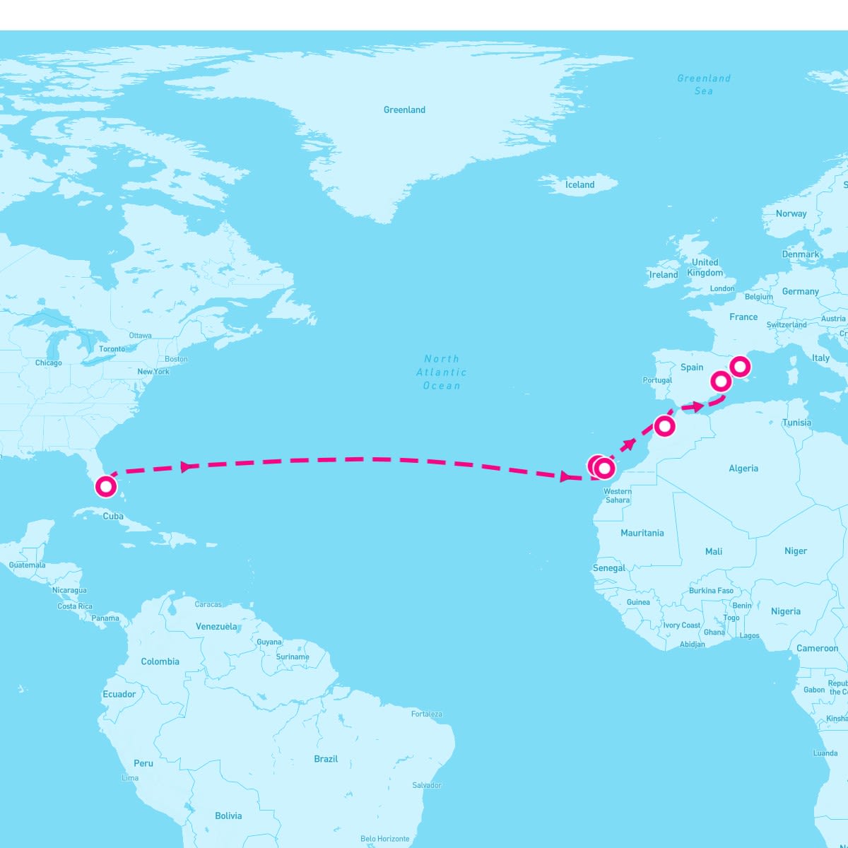 Scarlet Lady itinerary map for May 3, 2025 (15 nights)
