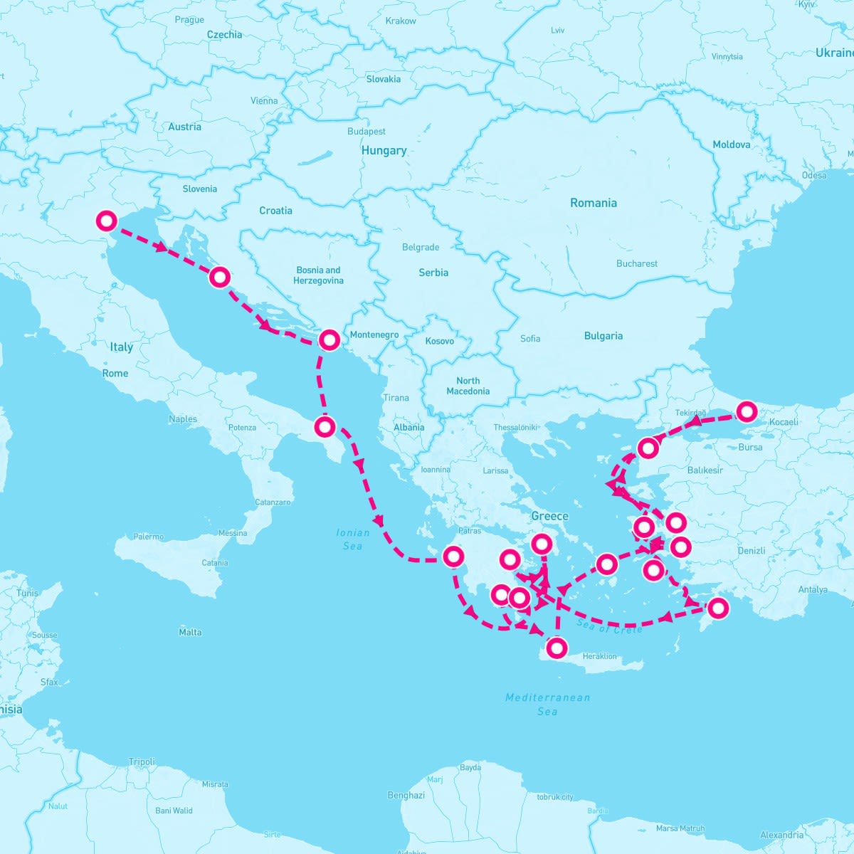 Seabourn Encore itinerary map for July 7, 2024 (21 nights)