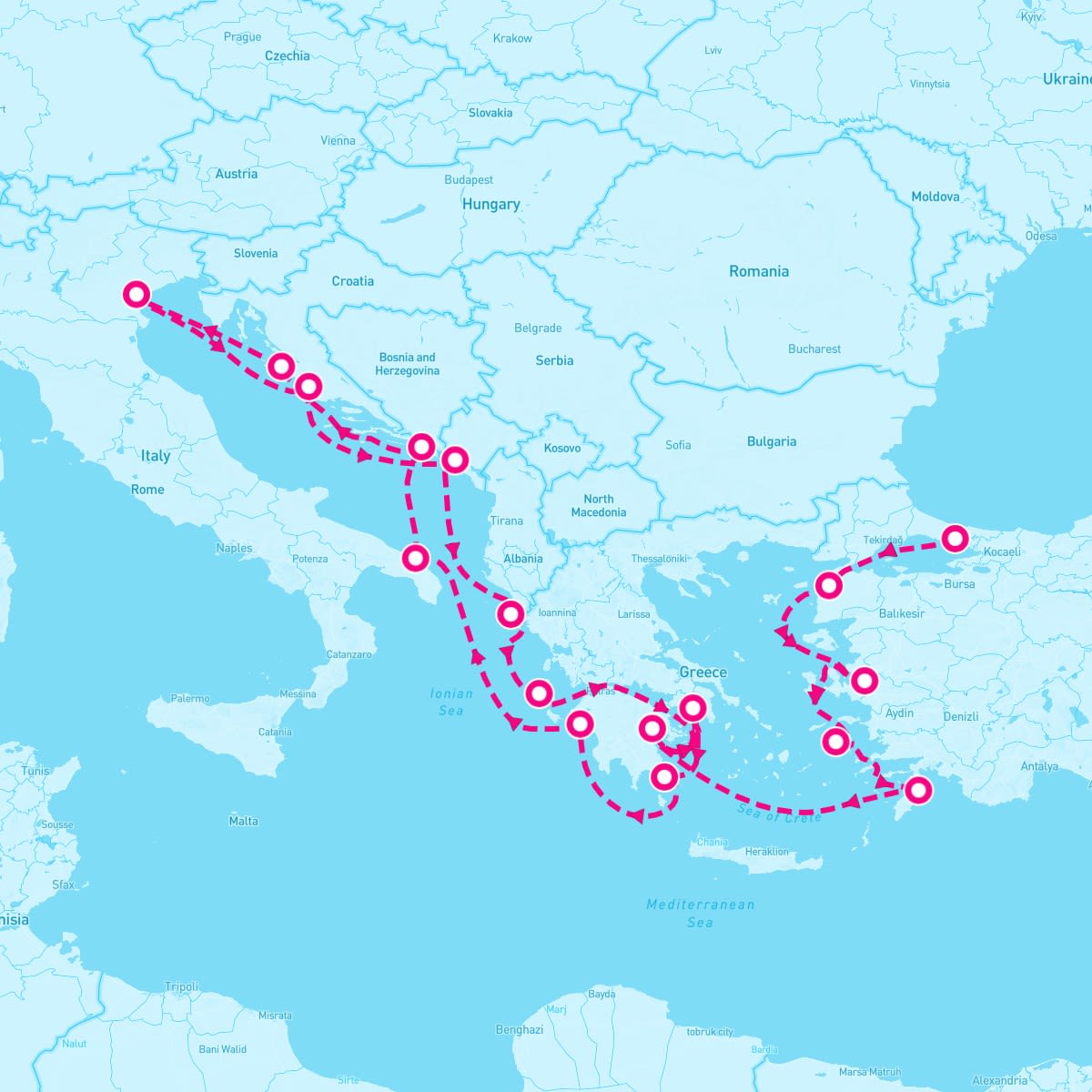 Seabourn Encore itinerary map for July 14, 2024 (21 nights)
