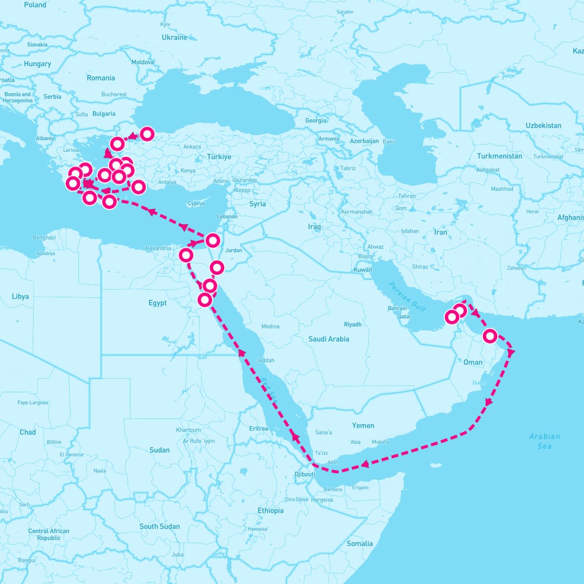 Seabourn Encore itinerary map for October 20, 2024 (32 nights)
