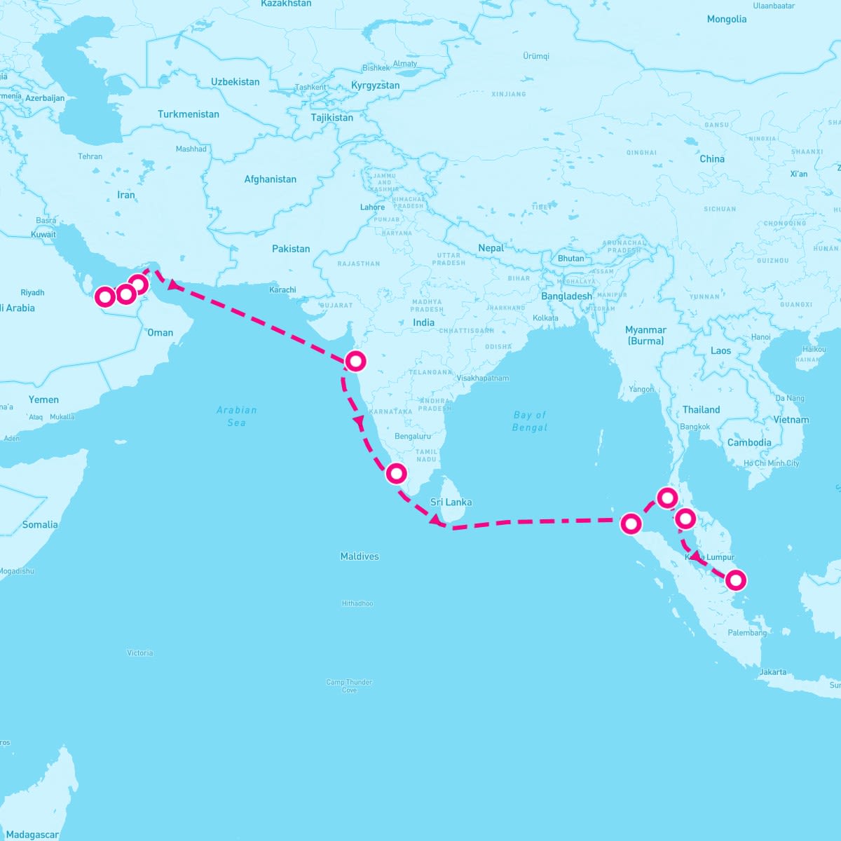 Seabourn Encore itinerary map for November 21, 2024 (17 nights)