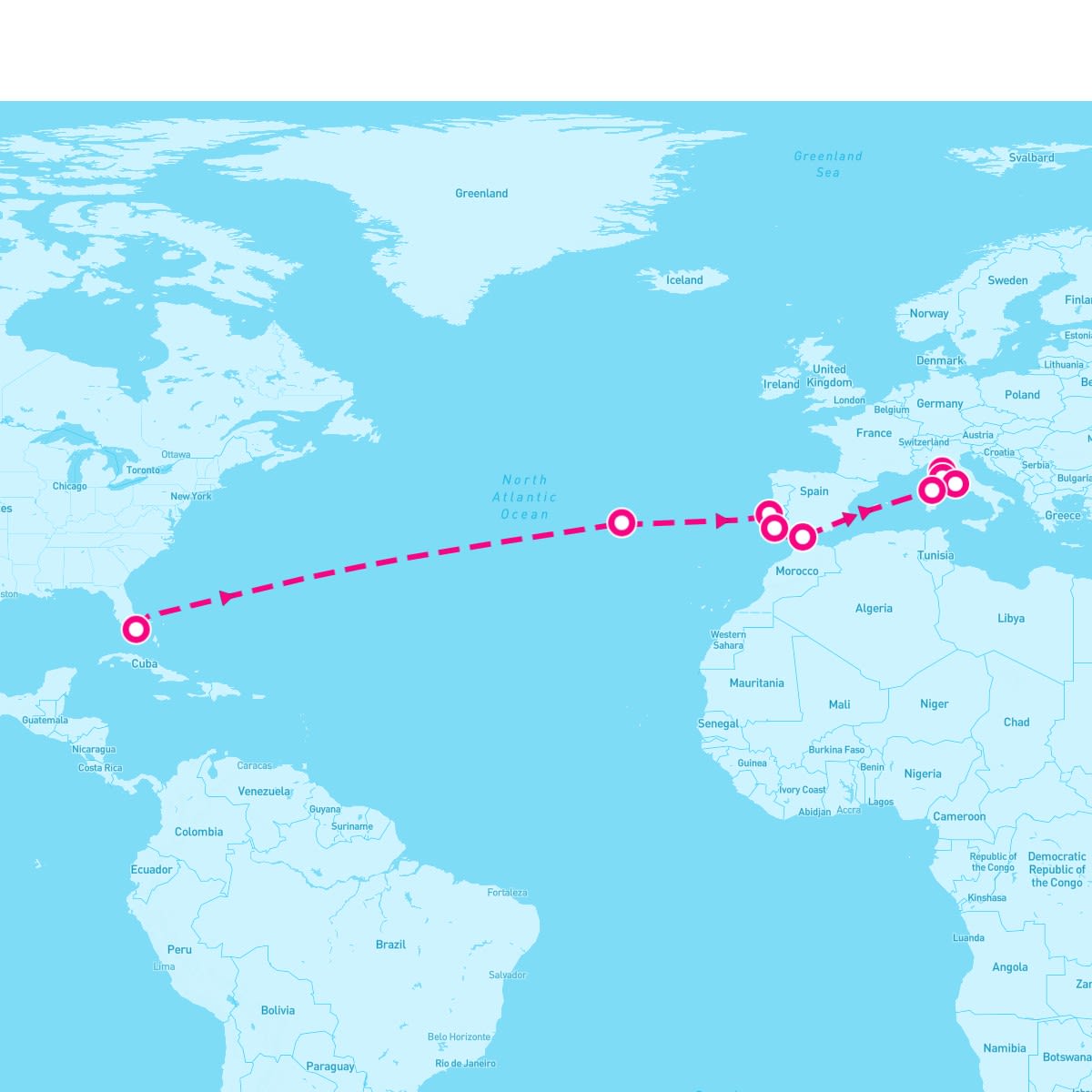 Seabourn Encore itinerary map for April 28, 2025 (20 nights)
