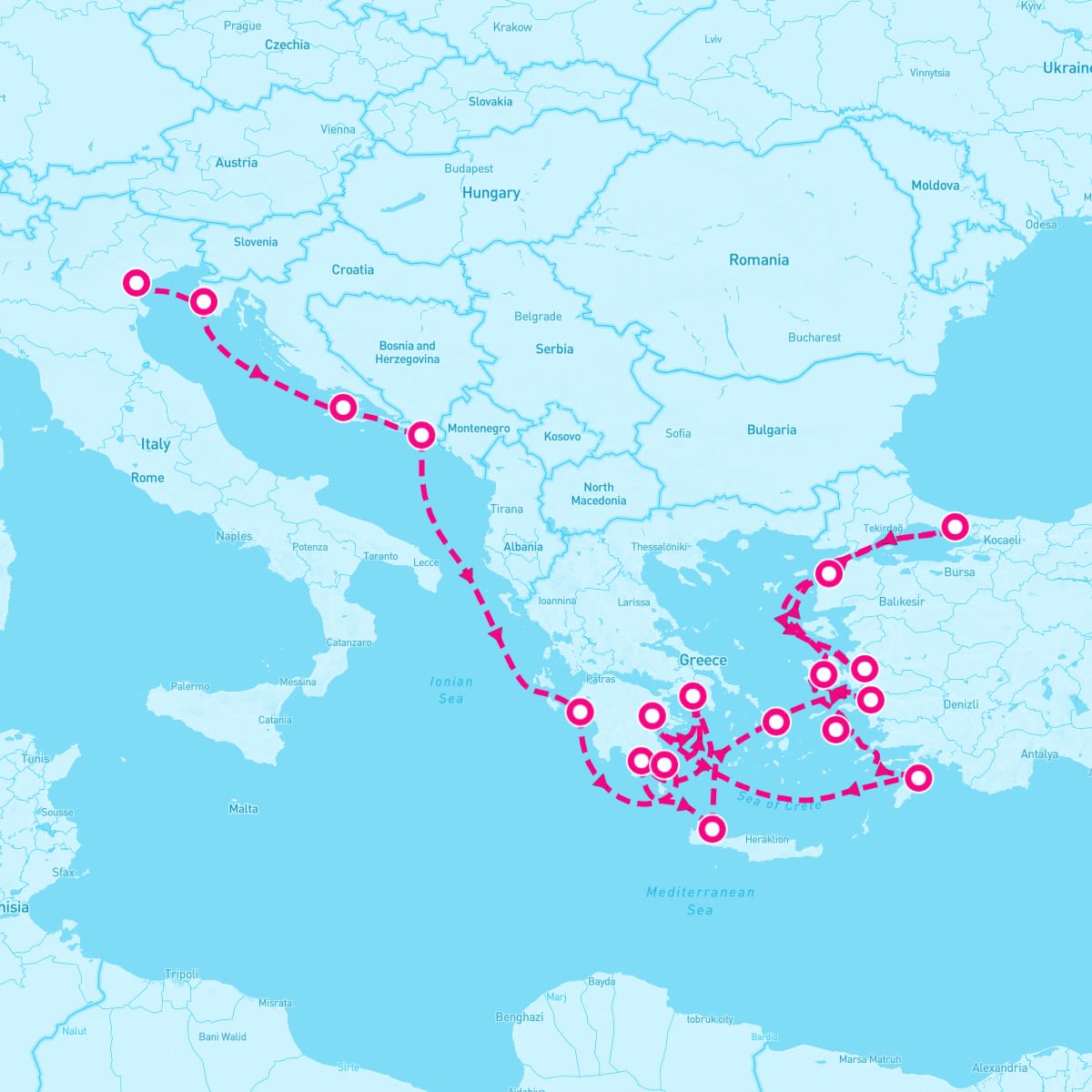 Seabourn Encore itinerary map for June 8, 2025 (21 nights)