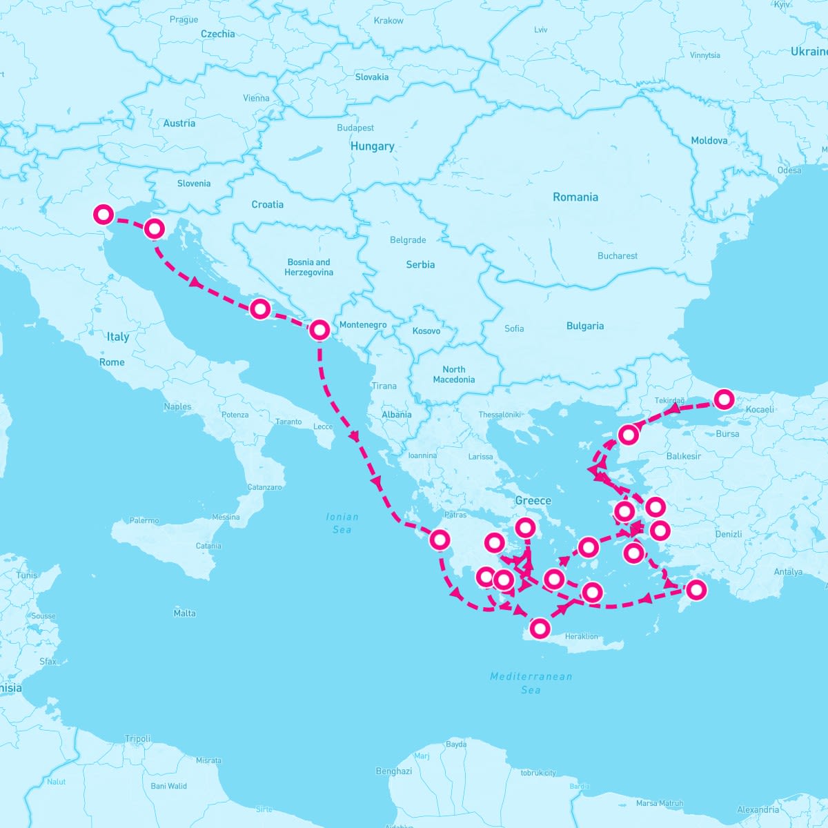 Seabourn Encore itinerary map for July 18, 2025 (23 nights)