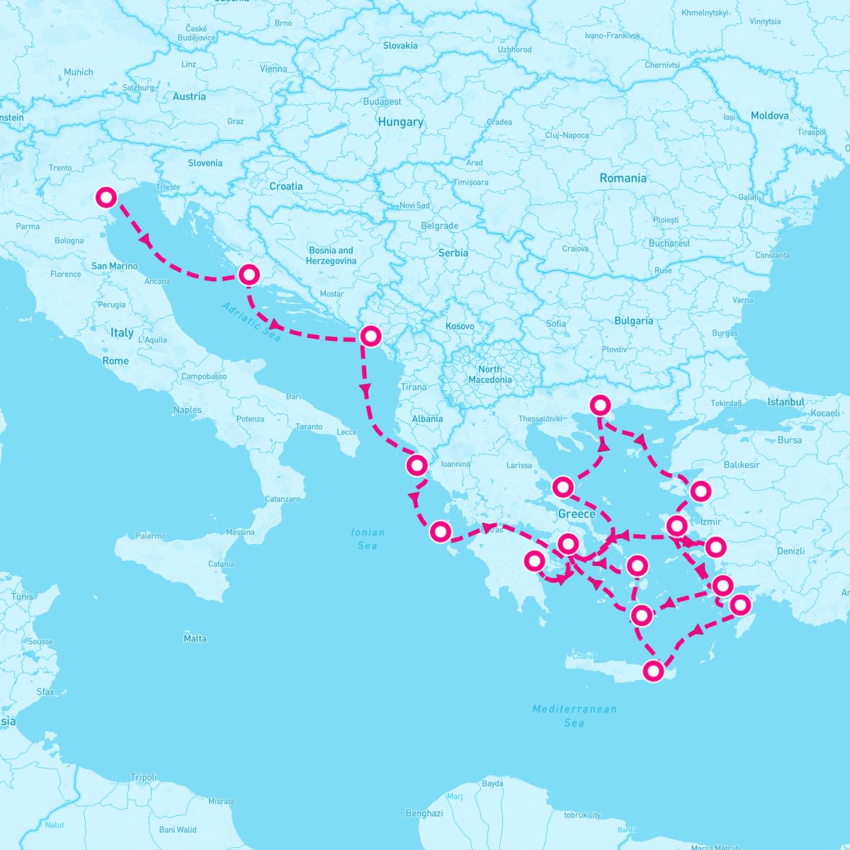 Seabourn Encore itinerary map for August 10, 2025 (21 nights)