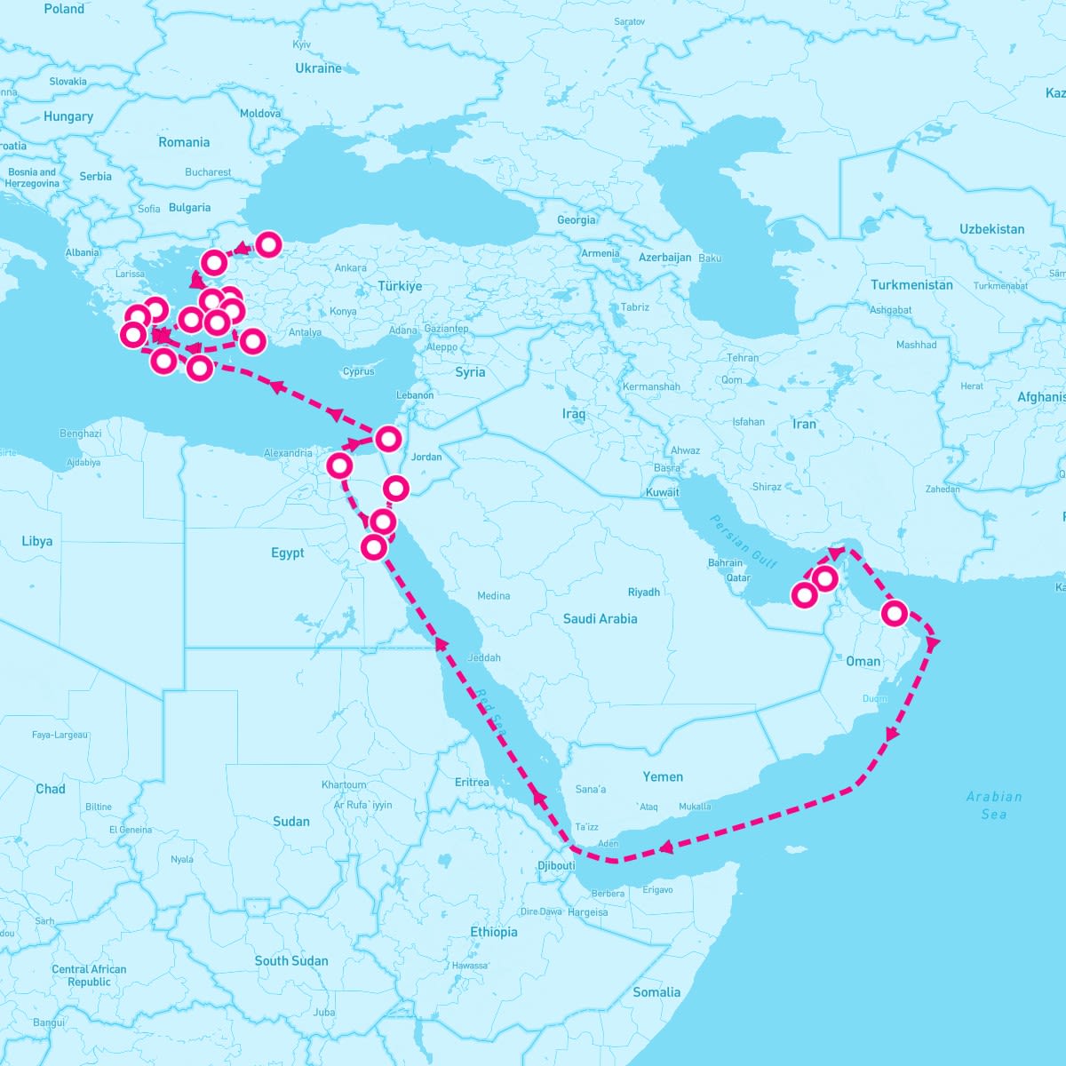 Seabourn Encore itinerary map for October 19, 2025 (32 nights)