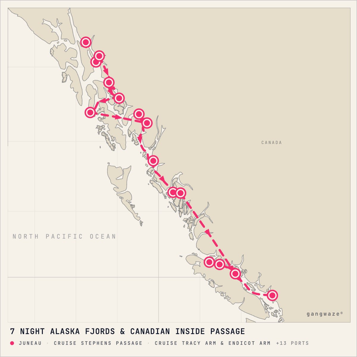 Seabourn Encore itinerary map for August 13, 2027 (7 nights)