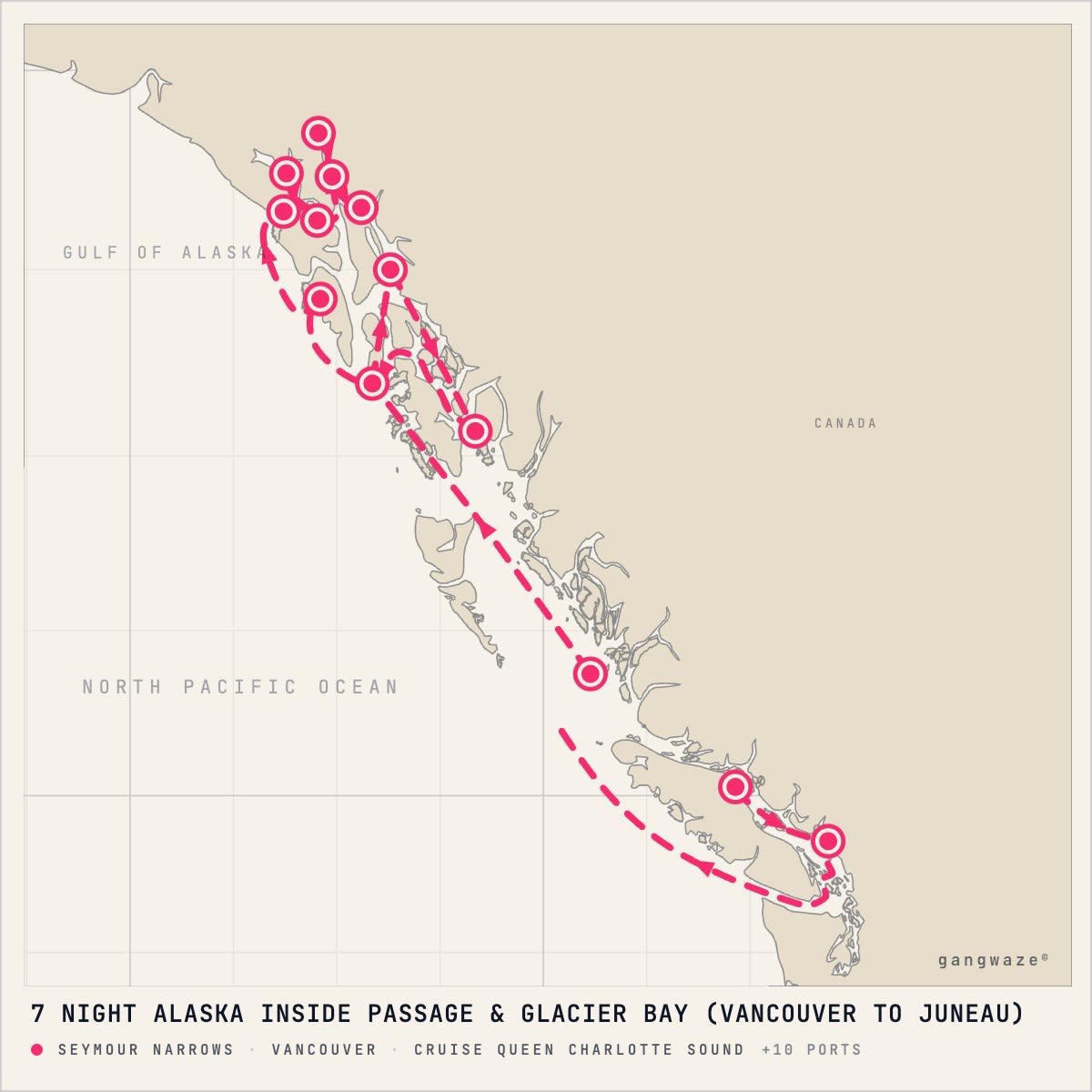 Seabourn Encore August 31, 2029 itinerary map: from Vancouver to Juneau, calling at Seymour Narrows, Cruise Queen Charlotte Sound, Ketchikan, Transit, Decision Passage, Sitka, Cruise Glacier Bay, Inian Islands Service Call Only, Icy Strait Point, Haines, Cruise Lynn Canal