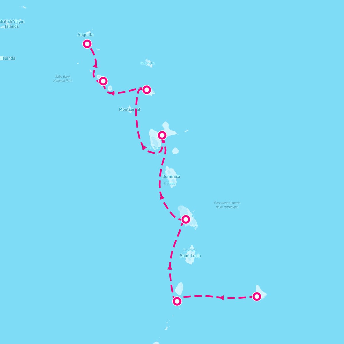 Seabourn Ovation itinerary map for February 18, 2024 (7 nights)