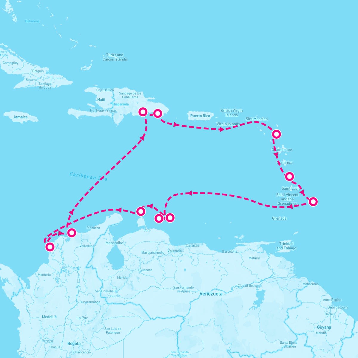 Seabourn Ovation itinerary map for February 1, 2025 (14 nights)