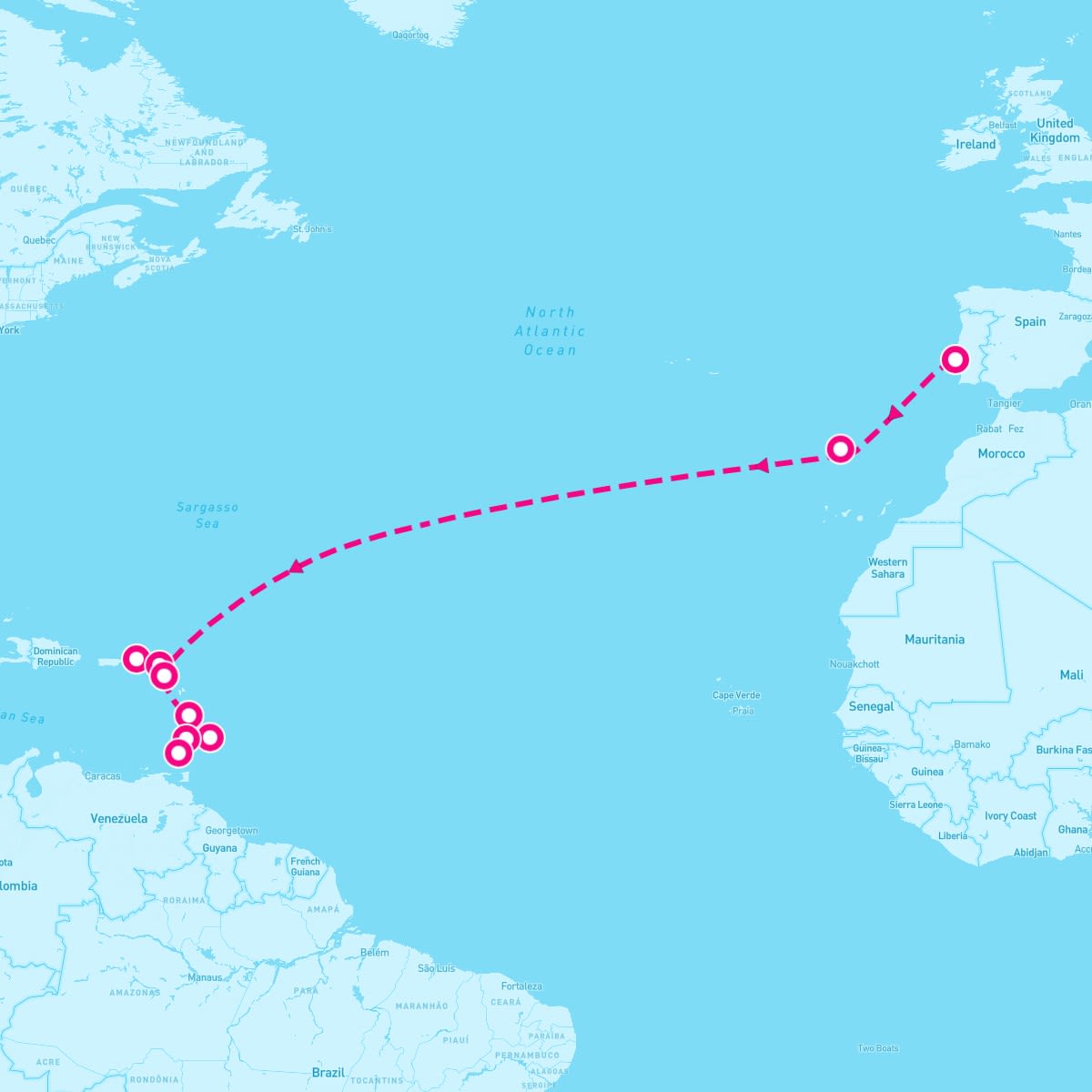 Seabourn Ovation itinerary map for March 8, 2025 (19 nights)
