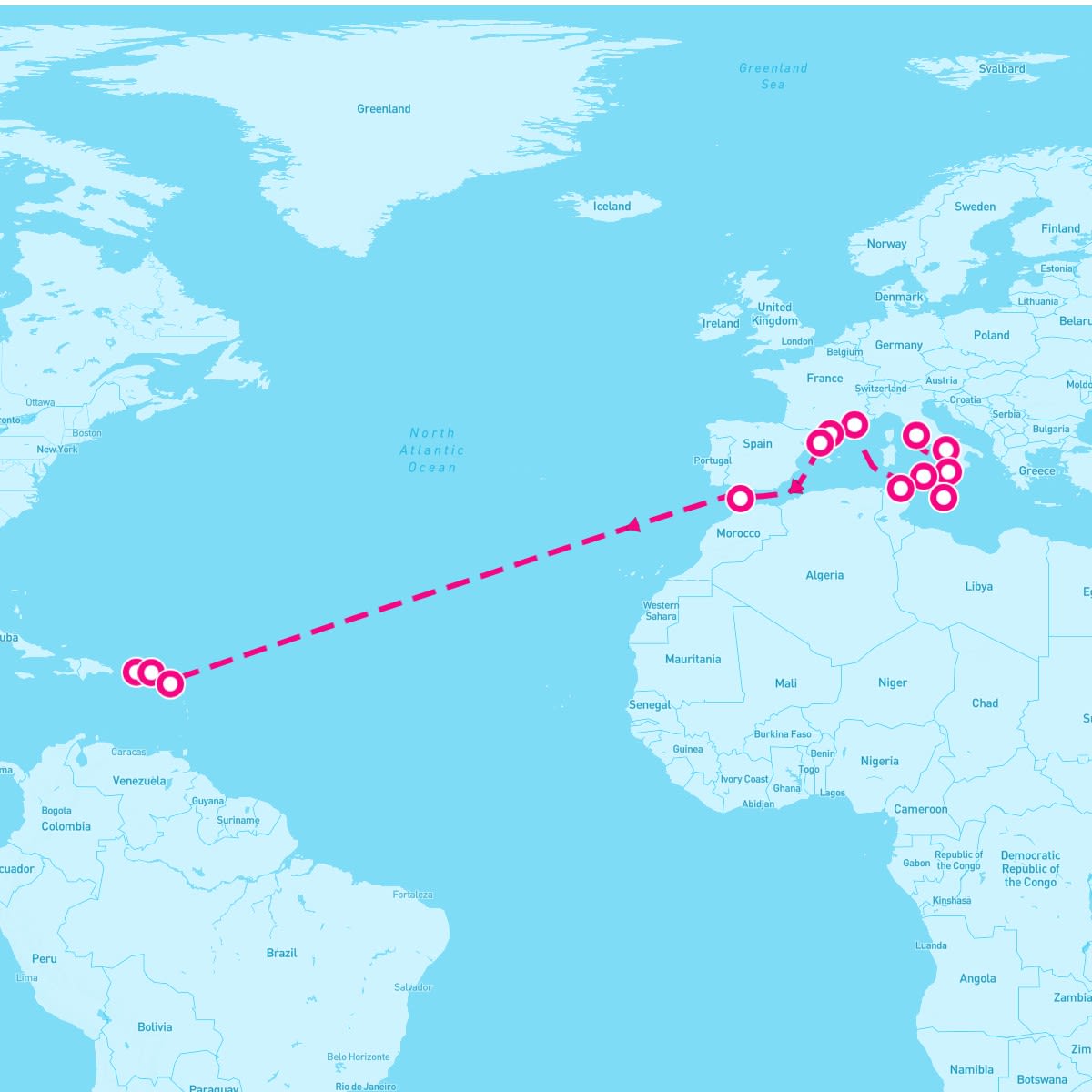Seabourn Ovation itinerary map for November 8, 2025 (24 nights)
