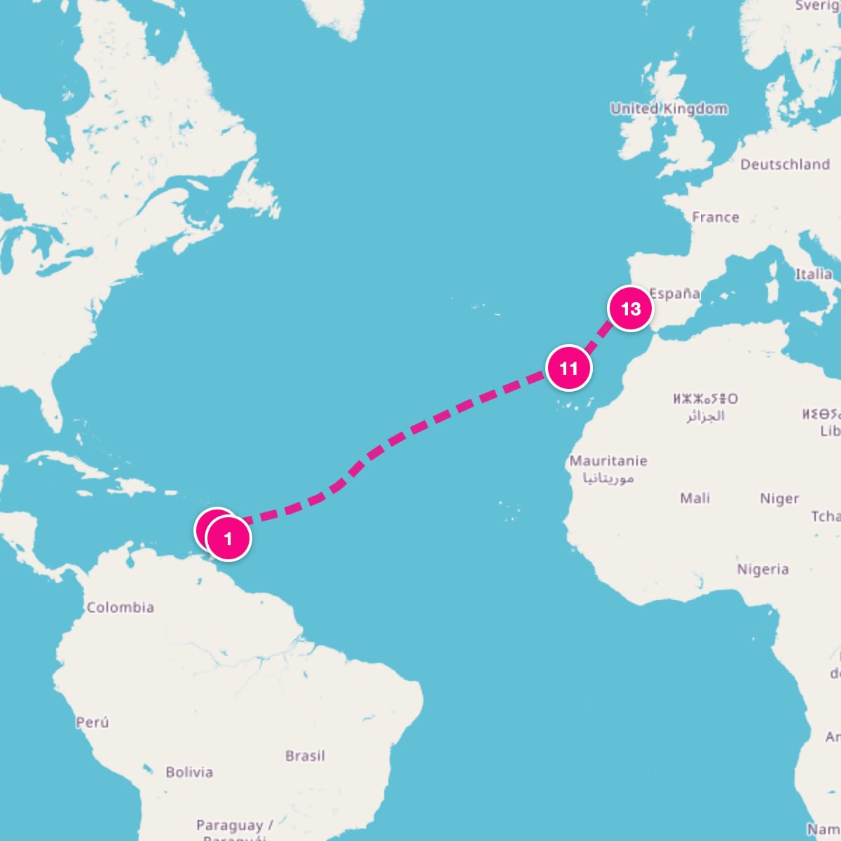 Seabourn Ovation itinerary map for March 25, 2028 (12 nights)