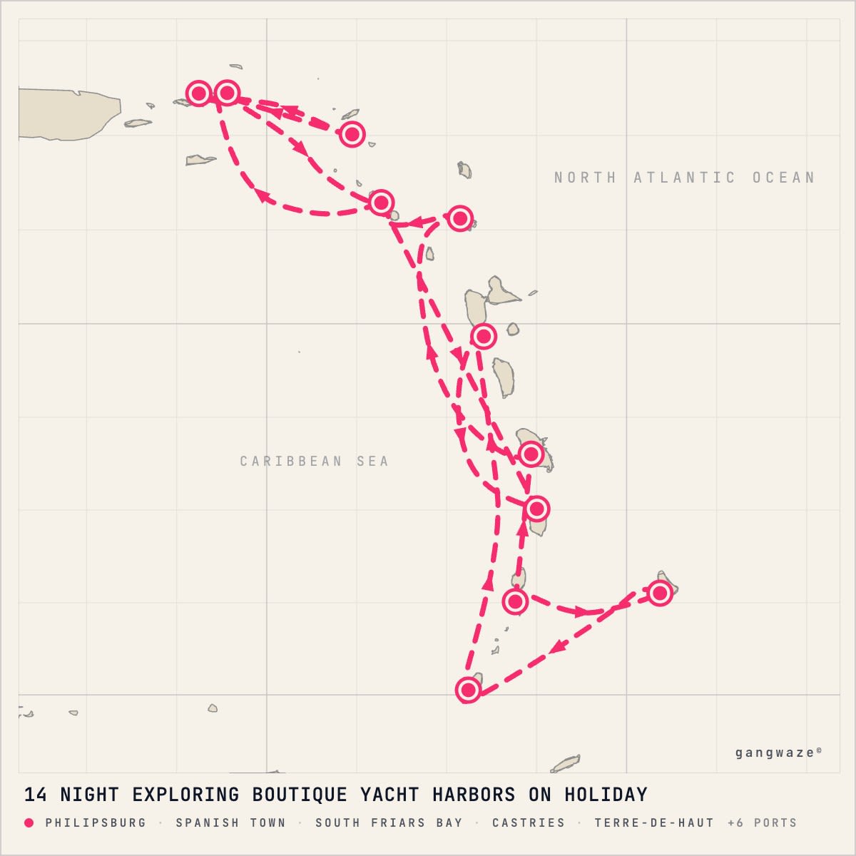 Seabourn Ovation itinerary map for December 30, 2028 (14 nights)