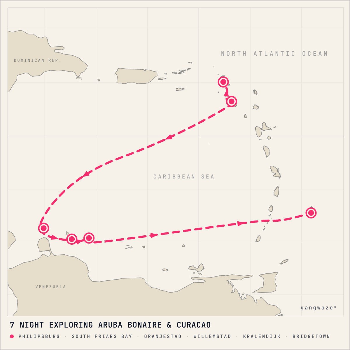 Seabourn Ovation itinerary map for January 13, 2029 (7 nights)
