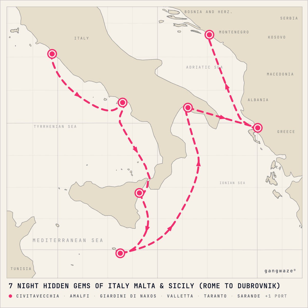Seabourn Ovation August 25, 2029 itinerary map: from Civitavecchia to Dubrovnik, calling at Amalfi, Giardini Di Naxos, Valletta, Taranto, Sarande