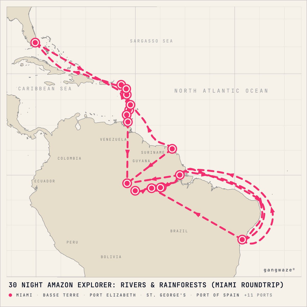 Seabourn Quest itinerary map for November 18, 2028 (30 nights)