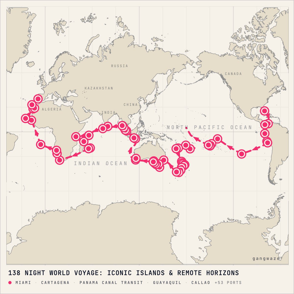 Seabourn Quest itinerary map for January 7, 2029 (138 nights)