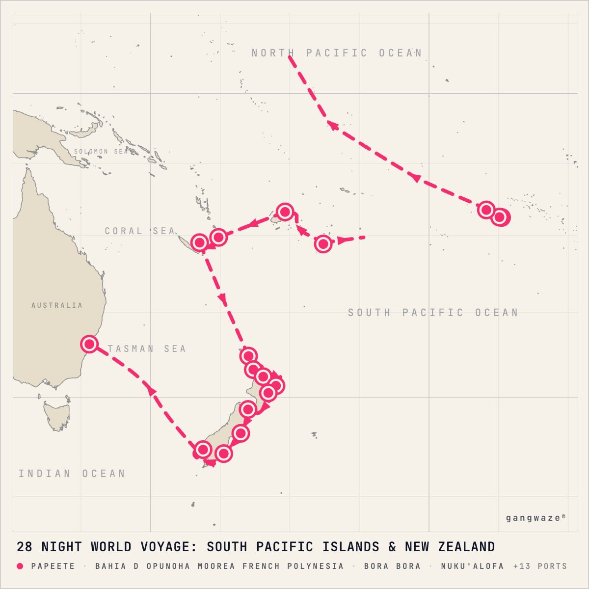 Seabourn Quest itinerary map for February 6, 2029 (28 nights)
