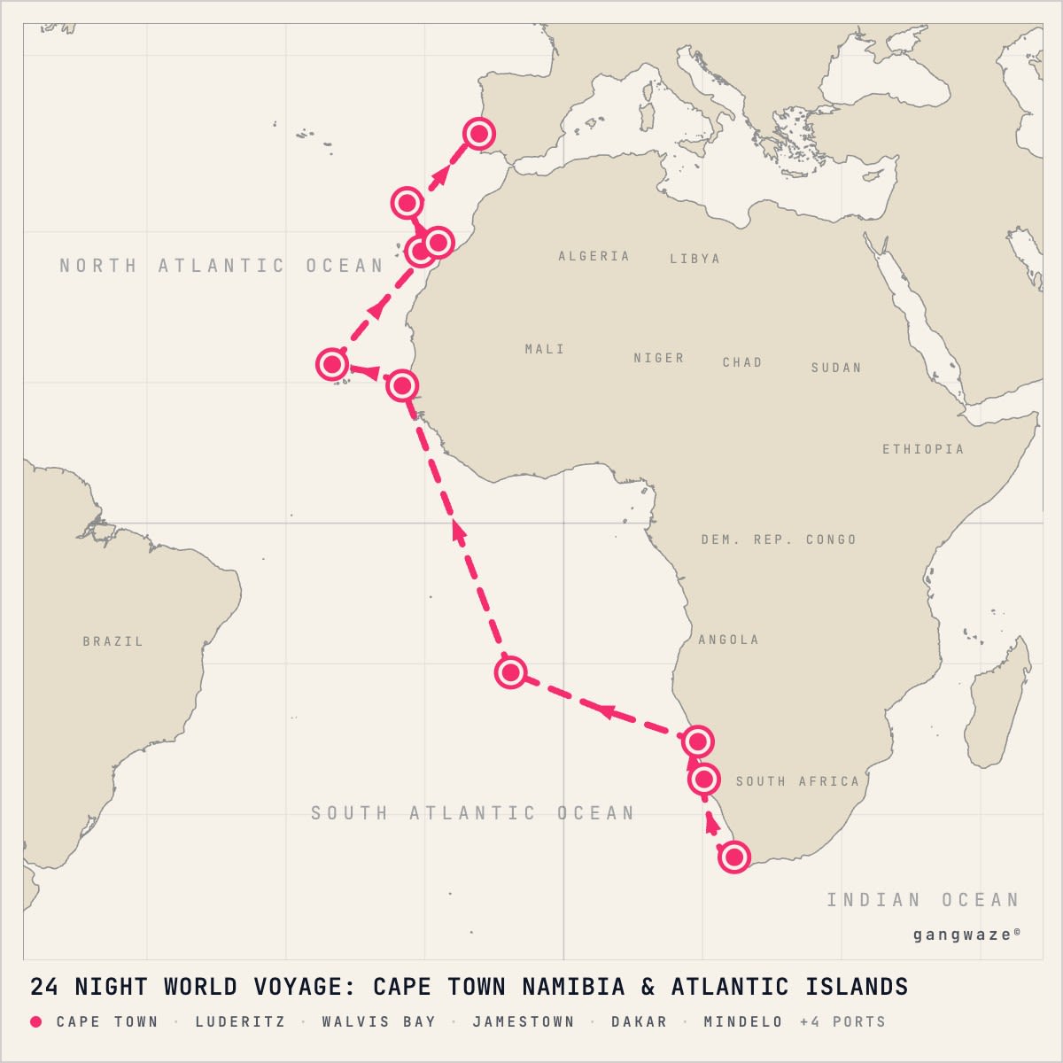 Seabourn Quest itinerary map for May 2, 2029 (24 nights)