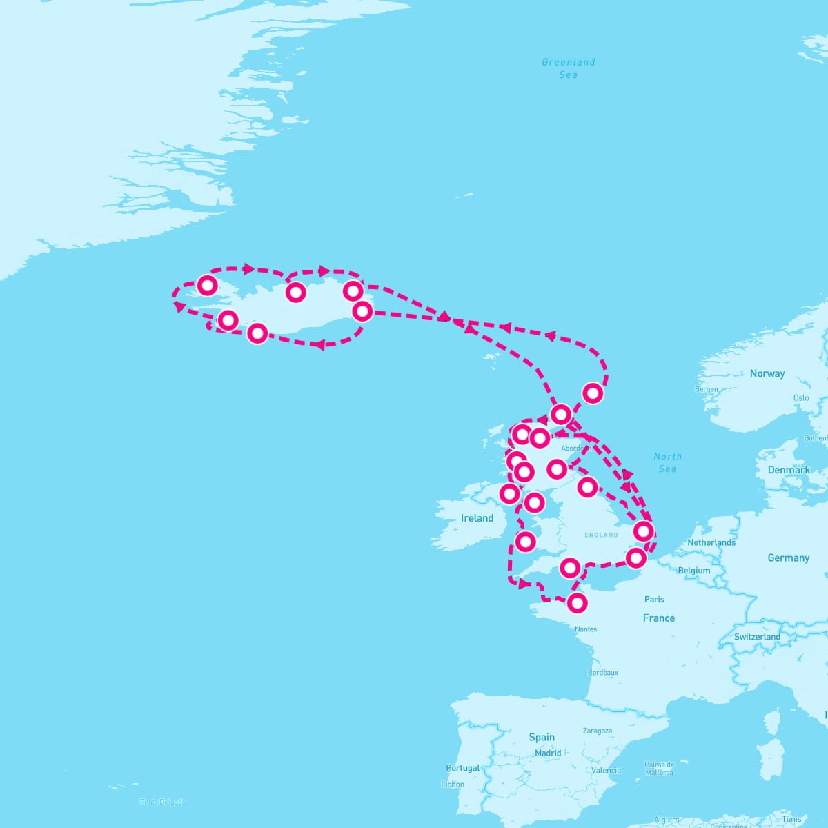 Seabourn Sojourn itinerary map for August 24, 2024 (28 nights)