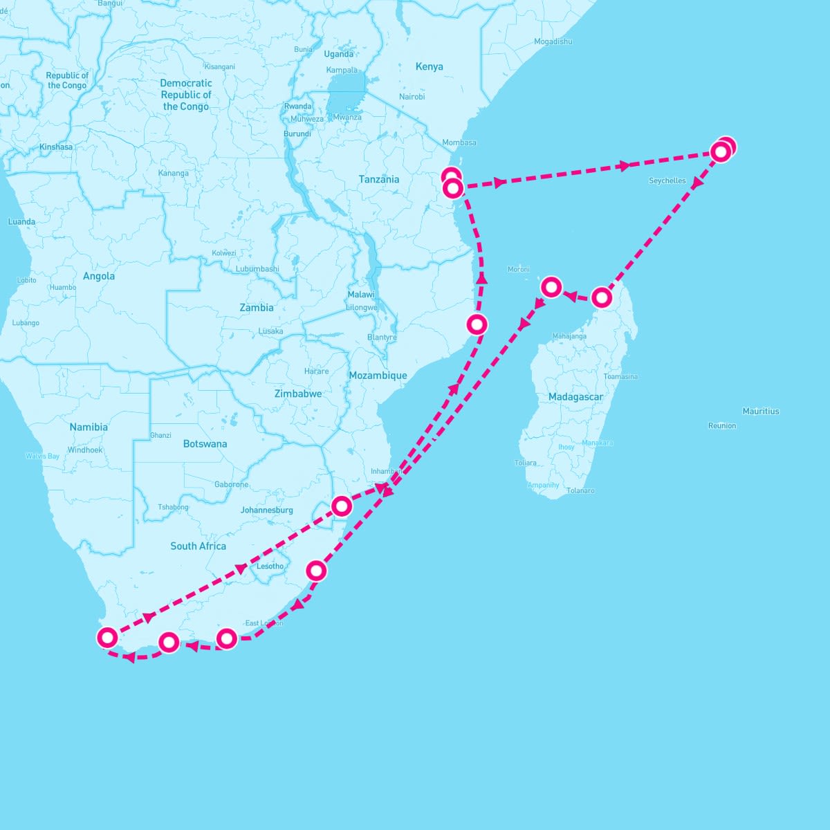 Seabourn Sojourn itinerary map for December 27, 2024 (32 nights)
