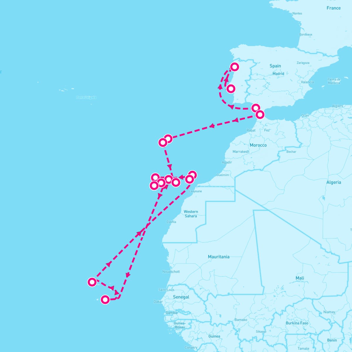 Seabourn Sojourn itinerary map for March 14, 2025 (26 nights)