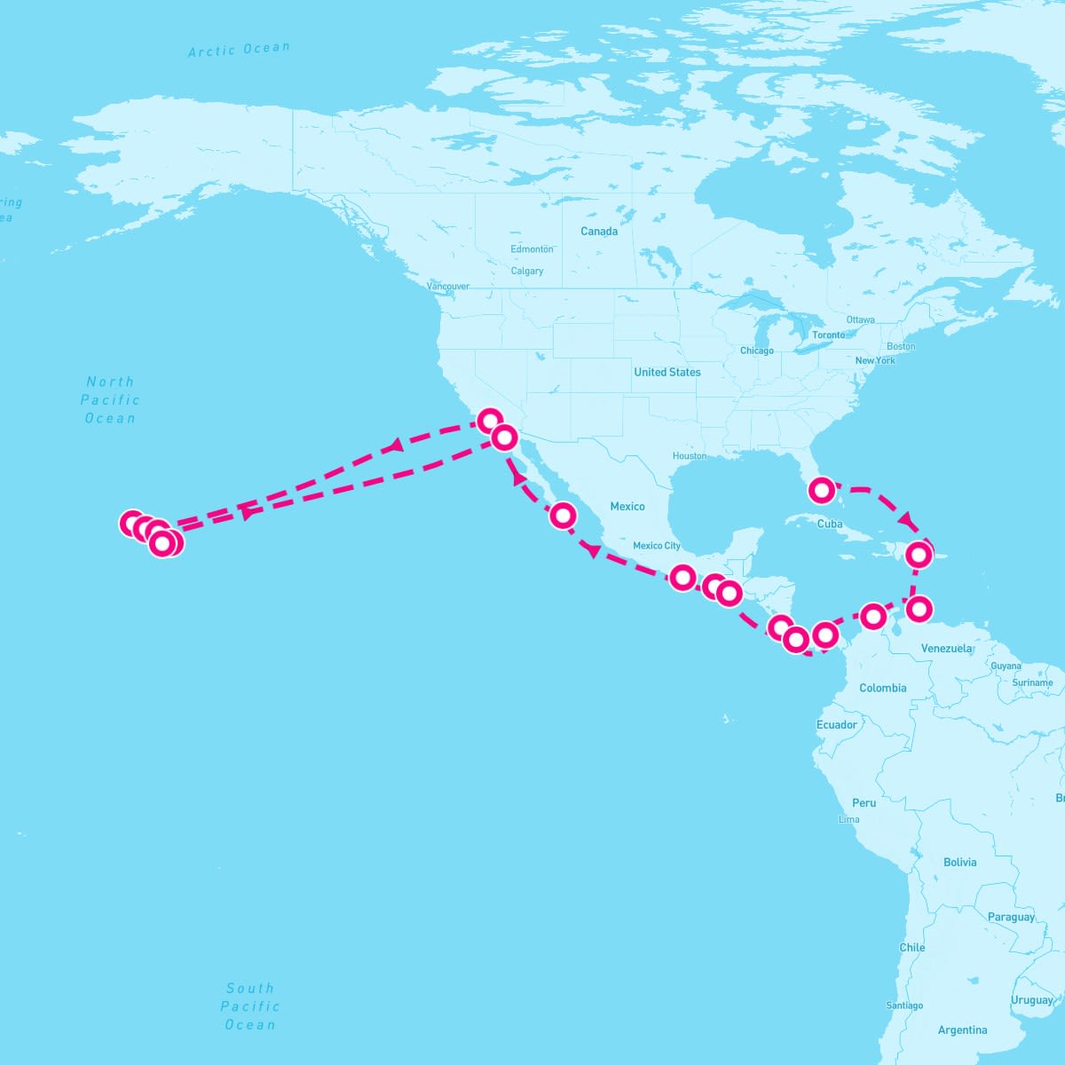 Seabourn Sojourn itinerary map for November 25, 2025 (42 nights)