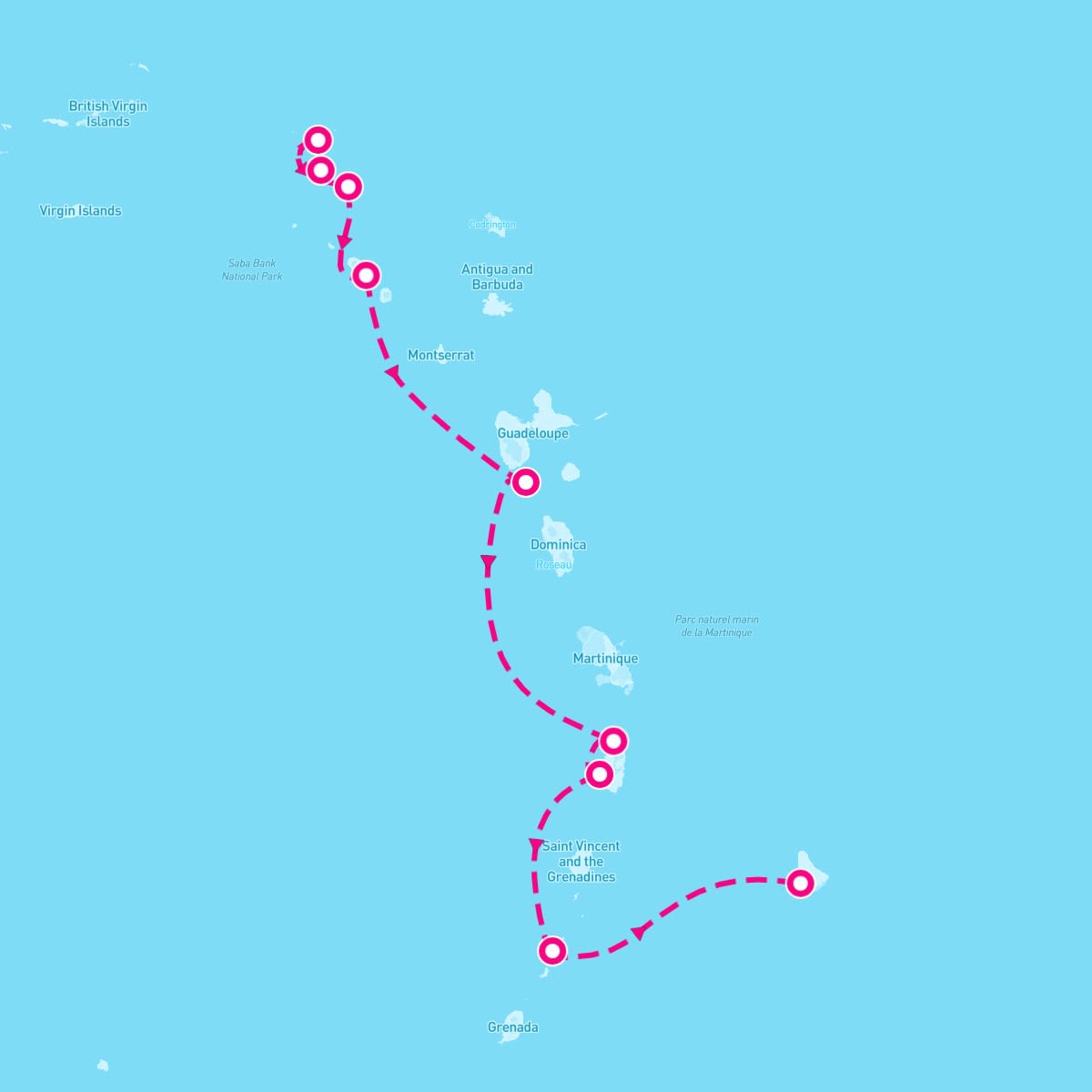 SeaDream I itinerary map for February 8, 2025 (7 nights)