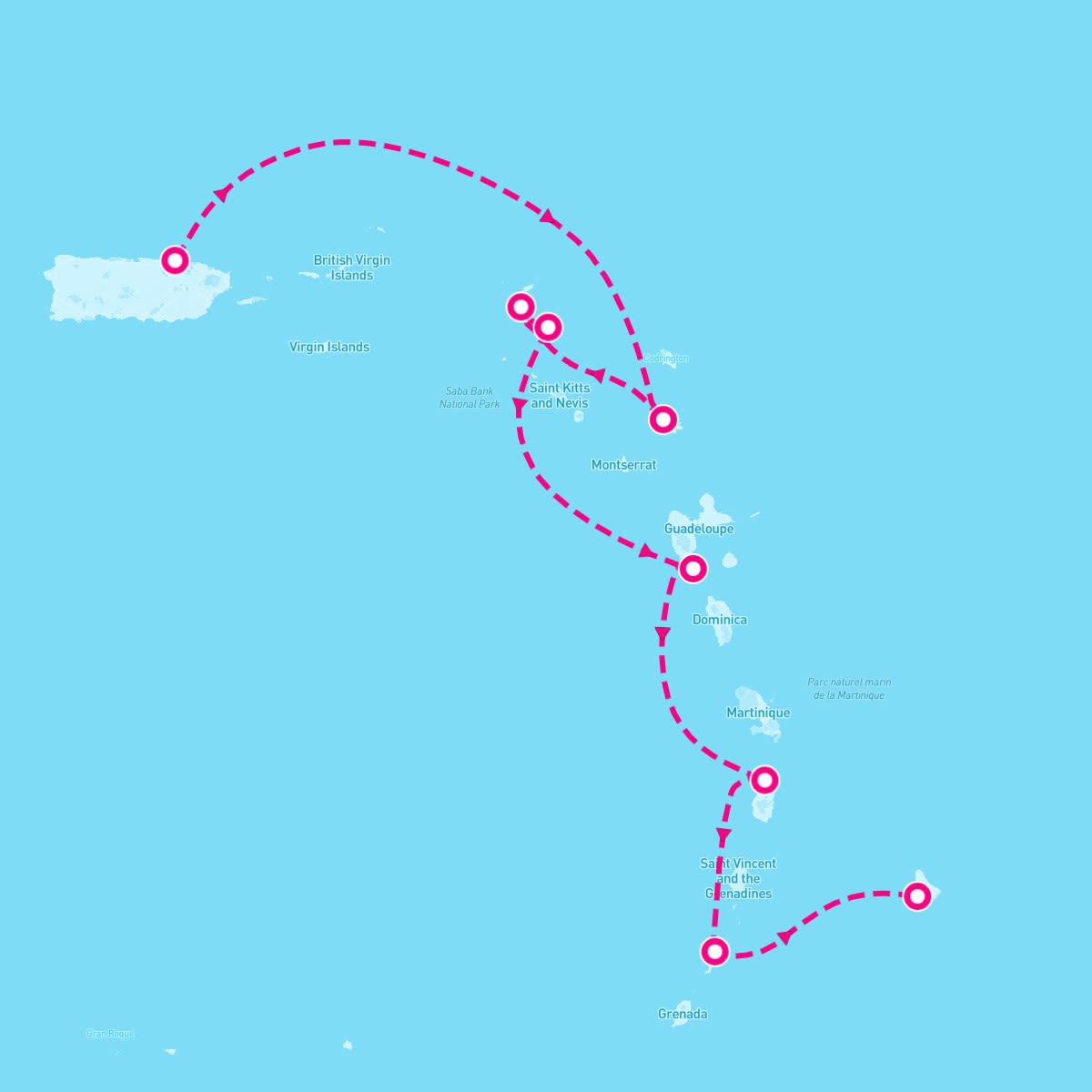 SeaDream I itinerary map for February 27, 2027 (7 nights)
