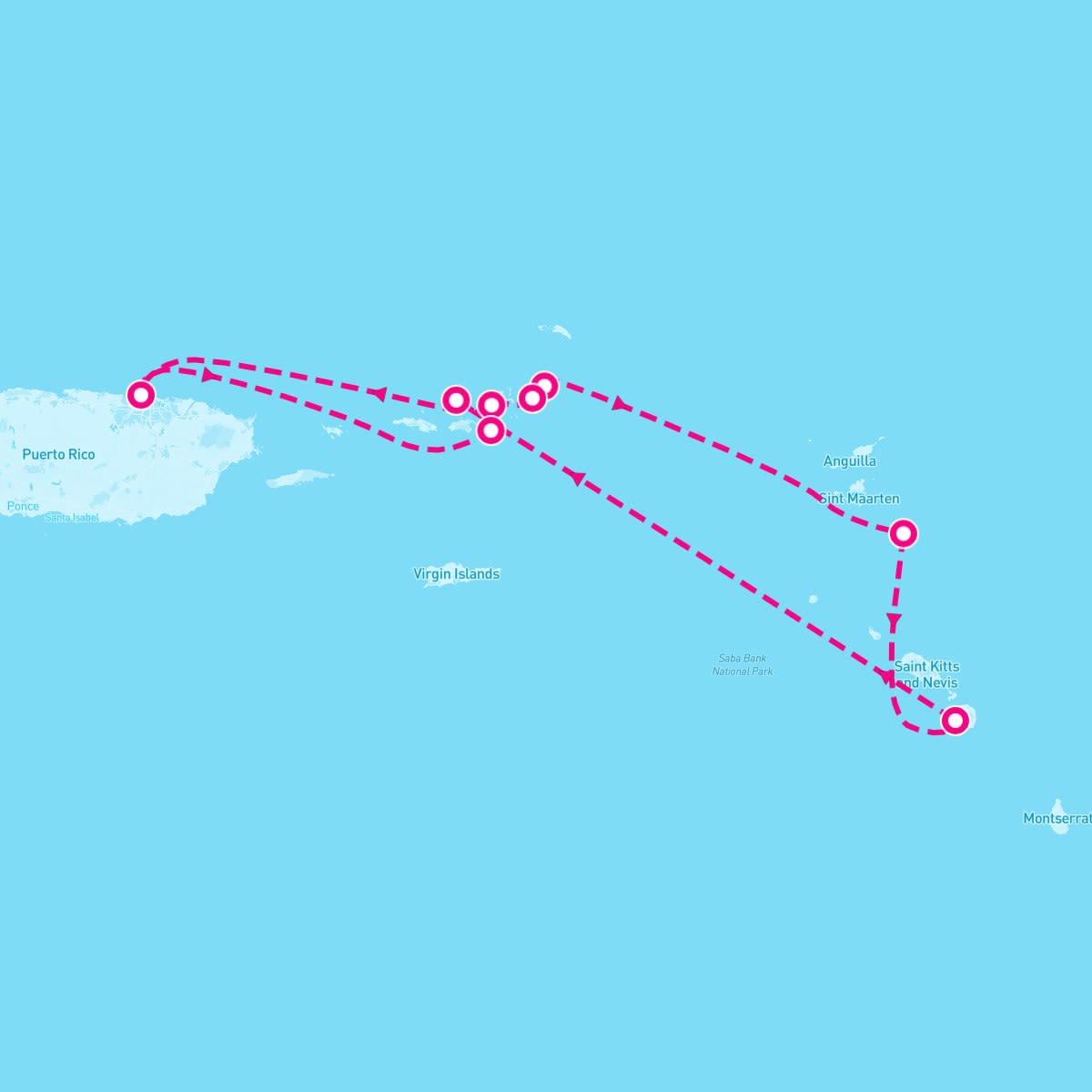 SeaDream I itinerary map for March 20, 2027 (7 nights)