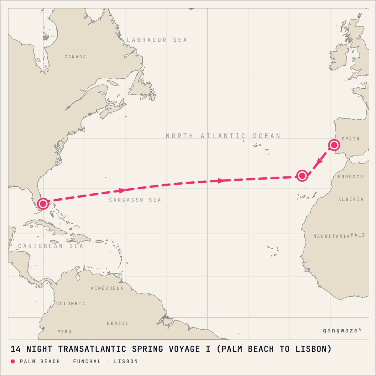 SeaDream I April 14, 2029 itinerary map: from Palm Beach to Lisbon, calling at Funchal