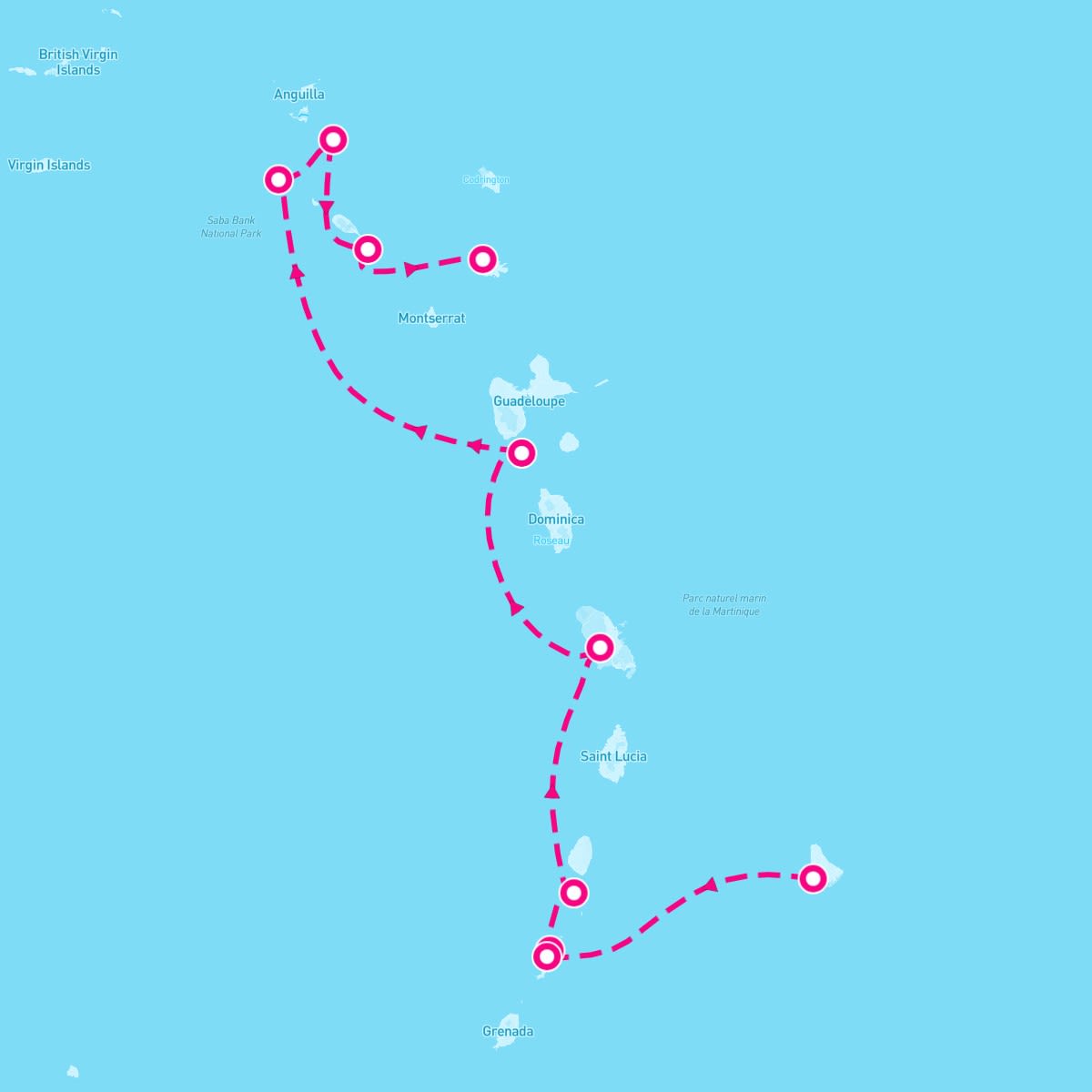 SeaDream II itinerary map for January 6, 2024 (8 nights)