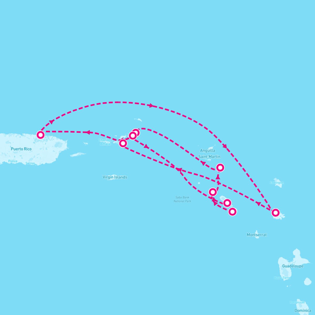 SeaDream II itinerary map for February 15, 2025 (7 nights)