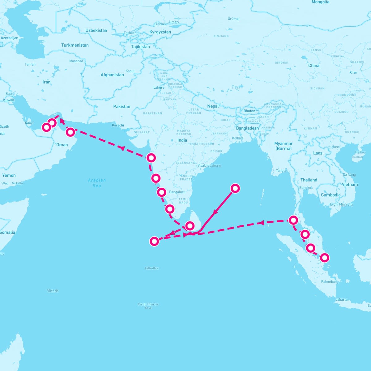 Seven Seas Mariner itinerary map for March 19, 2024 (20 nights)