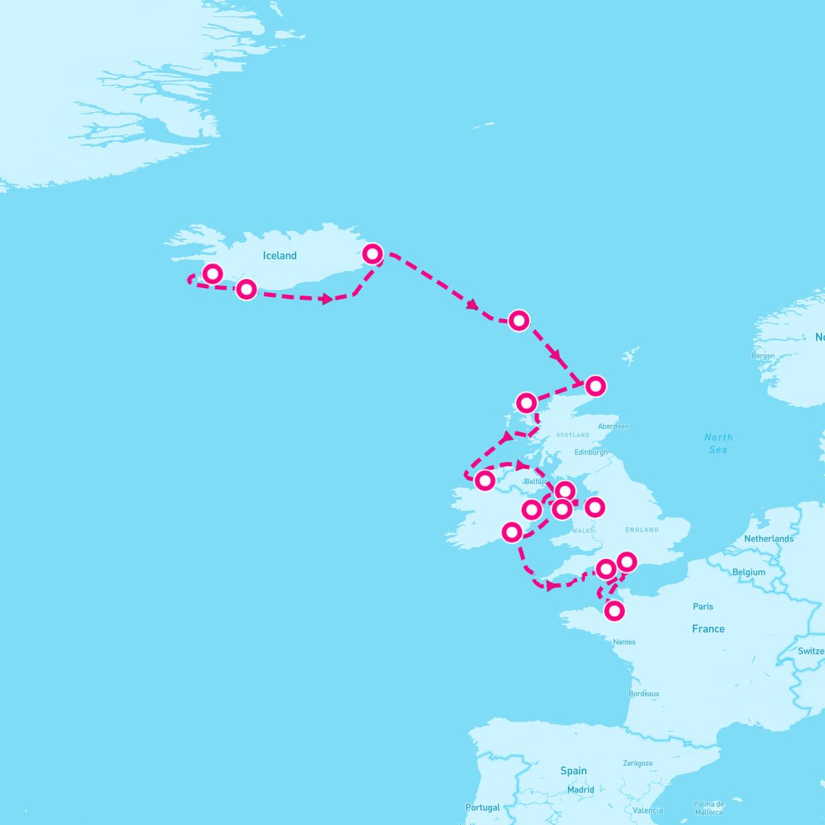 Seven Seas Mariner itinerary map for June 20, 2024 (15 nights)
